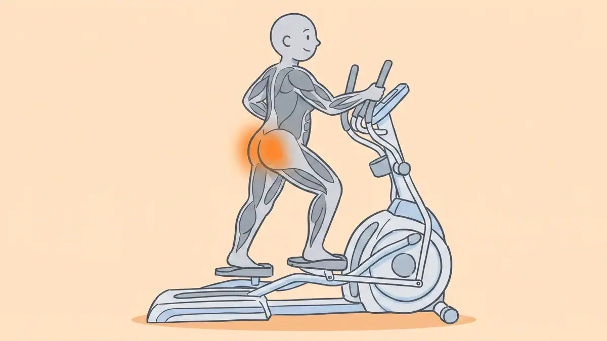 Muscles worked on an elliptical — anatomy illustration showing glutes, legs, core, and arm muscle groups engaged