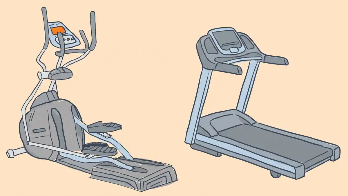 Elliptical vs treadmill — illustrated face-off between a home elliptical trainer and a treadmill