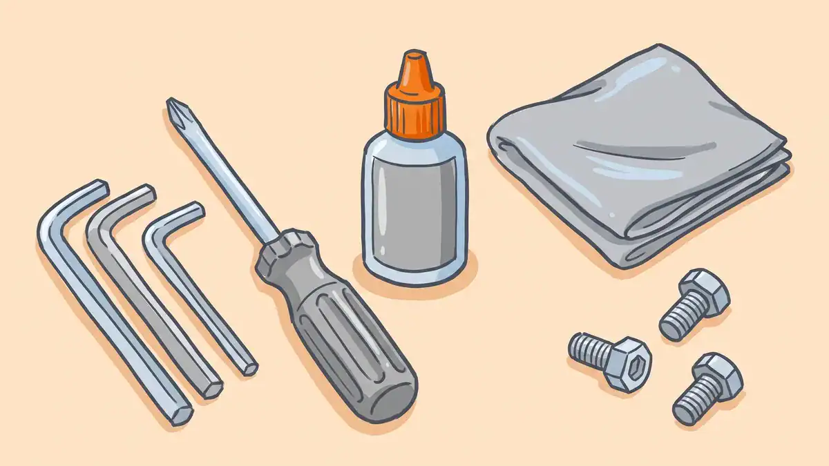 Sole elliptical maintenance essentials — Allen wrenches, screwdriver, silicone lubricant, and cleaning cloth